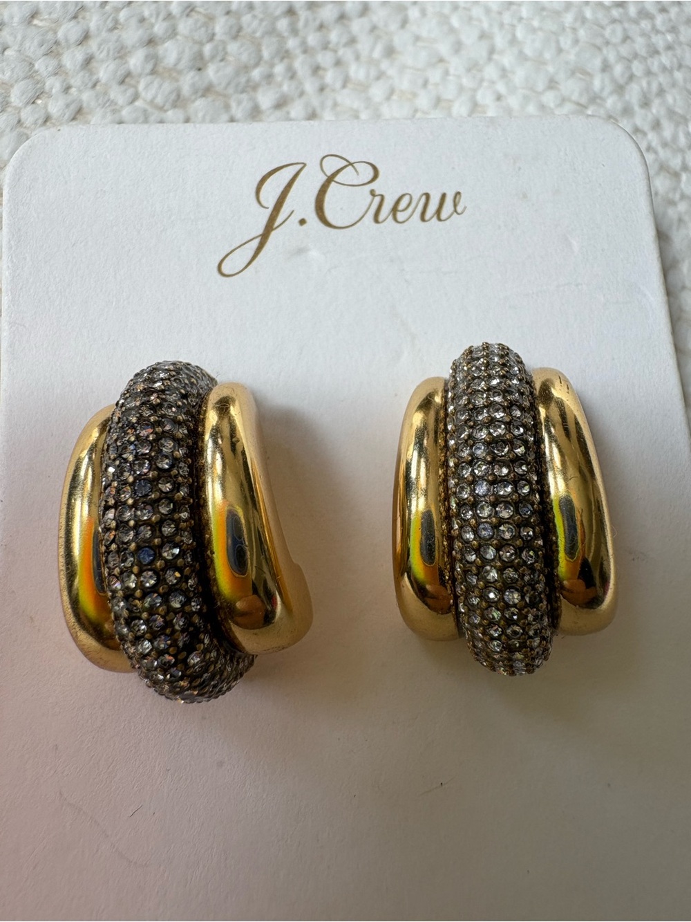 J. Crew Gold-Tone Triple Band Clip Earrings with Clear Rhinestones